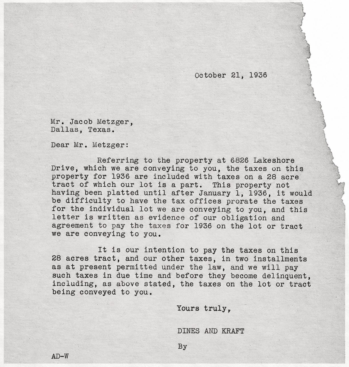 Archival 1936 Dines & Kraft letter to Mr. Metzger for 6826 Lakeshore Drive, Lakewood